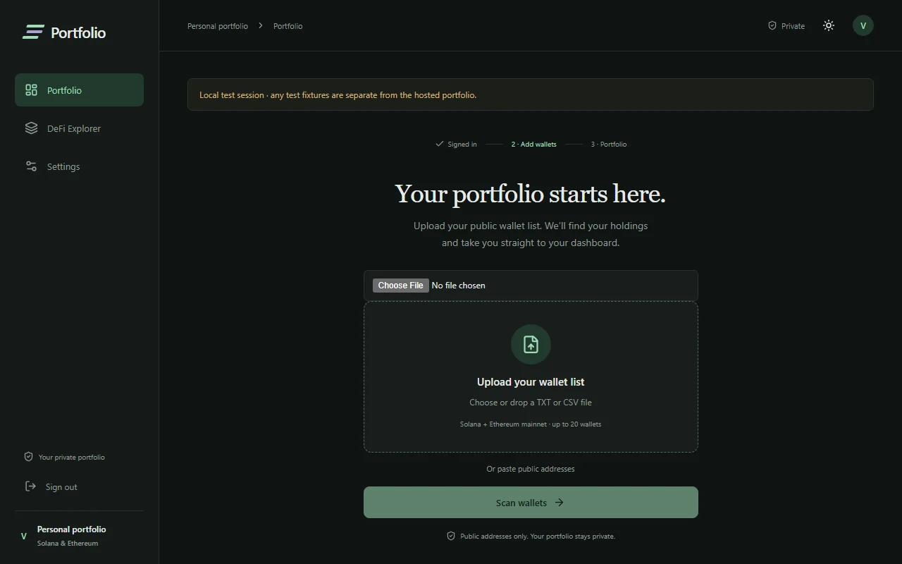 Crypto Portfolio's wallet upload screen in a local demo session with no portfolio records.