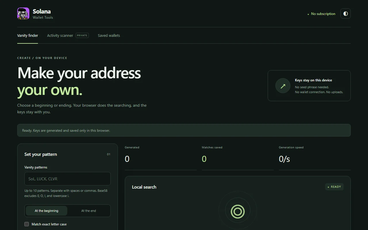 Solana Vanity Wallet Finder's pattern settings and local search status in the updated interface.