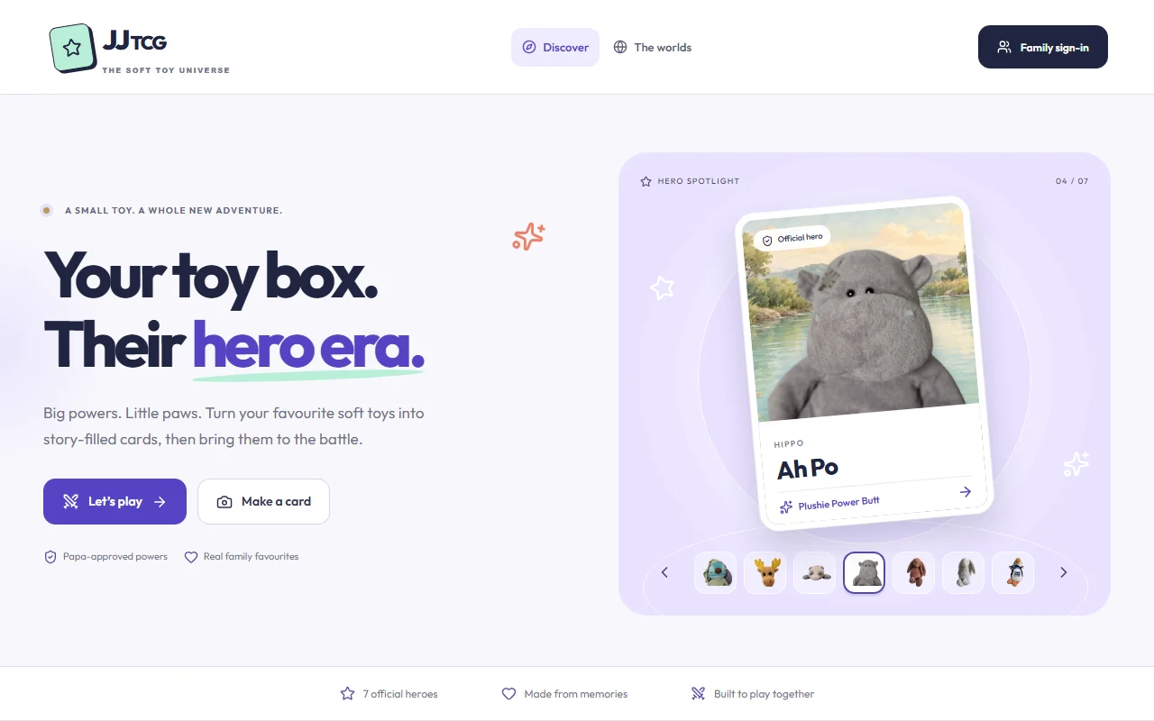 JJTCG's public Soft Toy Universe homepage showing its hero-card spotlight and family sign-in.