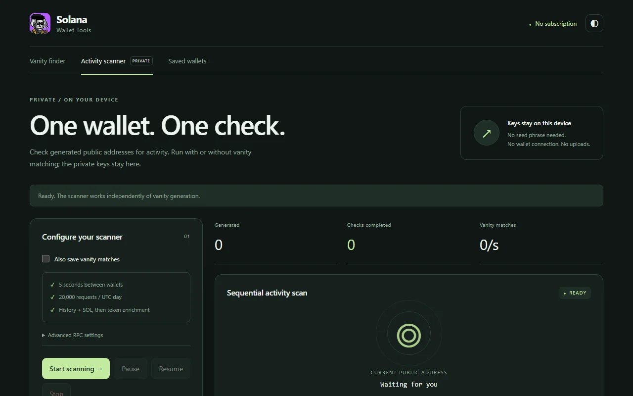 The private Activity scanner's configuration and ready state, with no wallet data loaded.